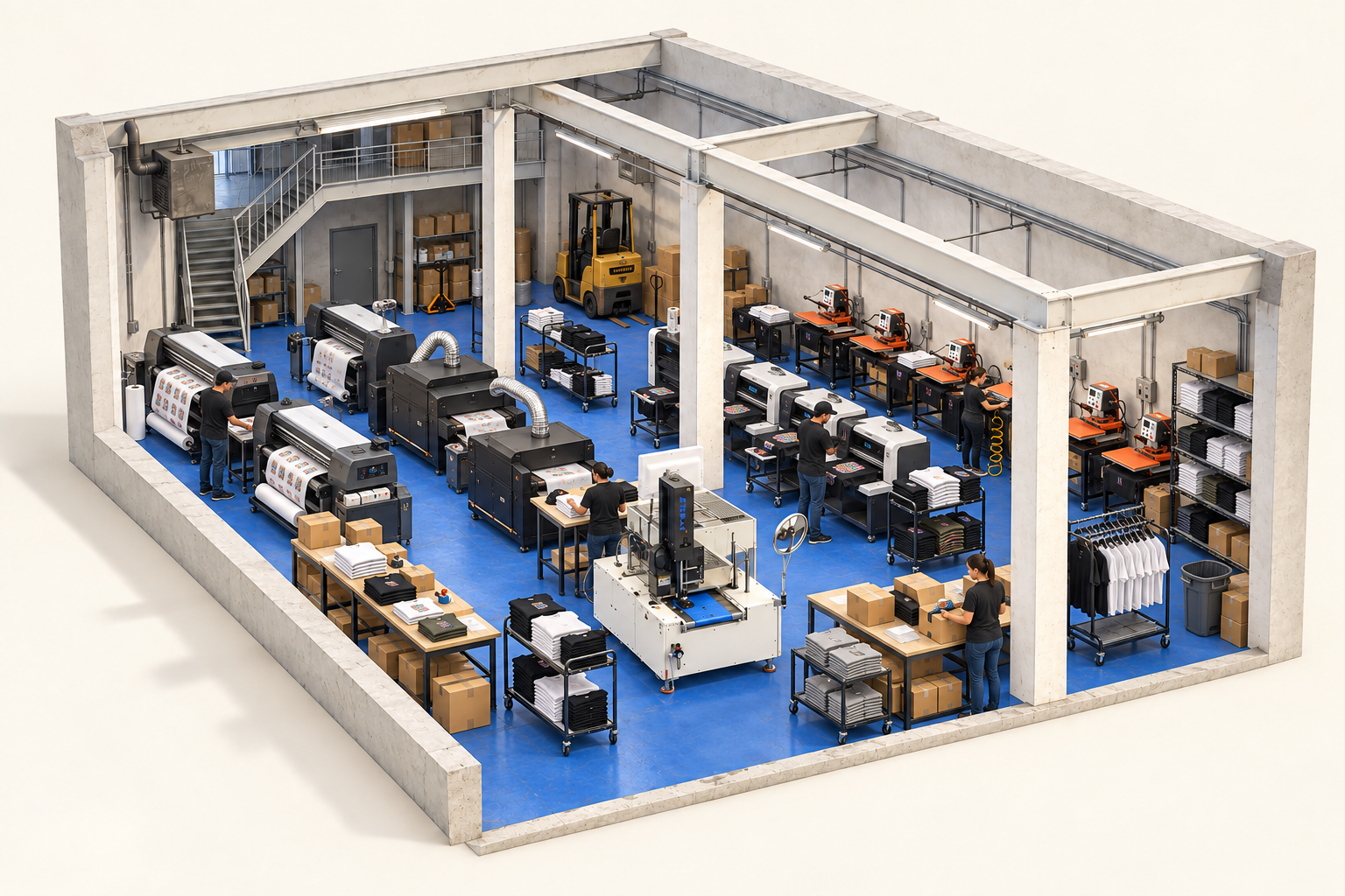 Isometric illustration of the GLOBE POD workshop with blue flooring, structural columns, a rear mezzanine and staircase, rows of printers and curing units, heat presses, garment carts, operators and packing tables